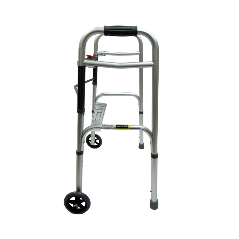 Heavy duty two button folding walker with 5" wheels, weight limit 450LBS