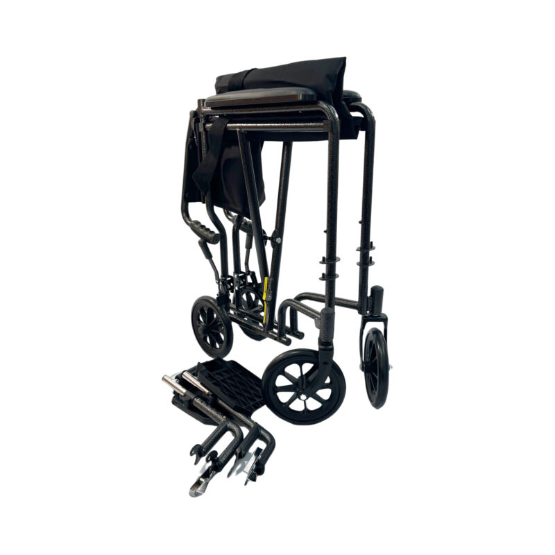 Light Weight Transporter Wheelchair with fixed full-length arms, swing-away detachable foot rests, adjustable toggle wheel locks, Weight limit: 220 lbs