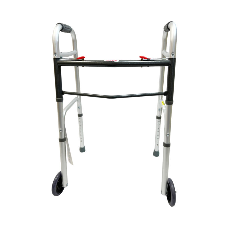 Heavy duty two button folding walker with 5" wheels, weight limit 450LBS