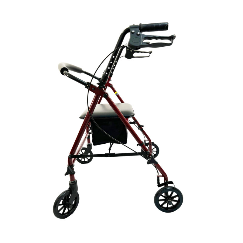4 Wheel foldable Steel Rollator, 8"Casters, Flip up curved padded back rest, Handle height adjustment, Loop-lock hand brakes, Weight limit:300LBS, Color: Burgandy