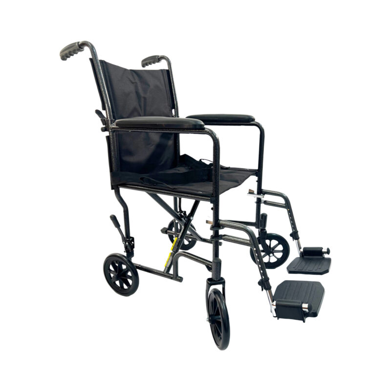 Light Weight Transporter Wheelchair with fixed full-length arms, swing-away detachable foot rests, adjustable toggle wheel locks, Weight limit: 220 lbs