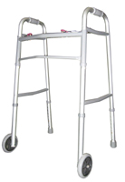 Two-Button Folding Youth Walker with 5" Wheels, Anodized aluminum frame with steel cross braces, two button mechanism, designed for users 4'6"~5'4" in height, Weight limit:220LBS