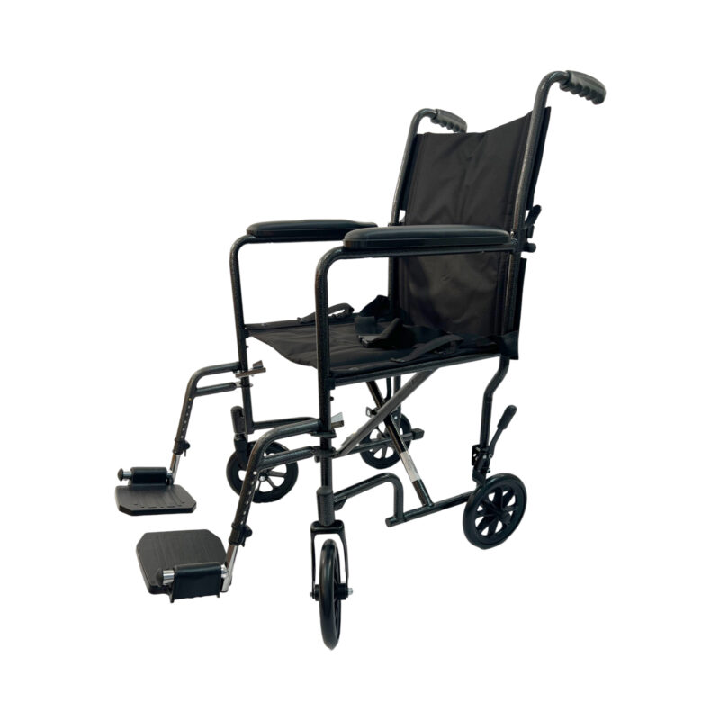 Light Weight Transporter Wheelchair with fixed full-length arms, swing-away detachable foot rests, adjustable toggle wheel locks, Weight limit: 220 lbs
