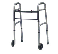 Two-Button Folding Walker with 5" Wheels, Anodized aluminum frame with steel cross braces, Weight limit:300LBS