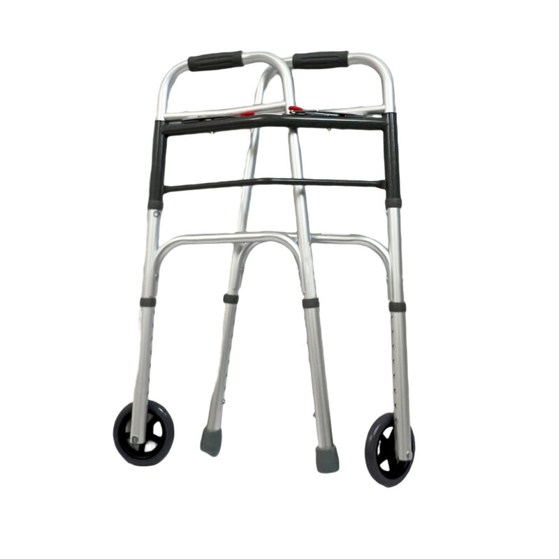 Heavy duty two button folding walker with 5" wheels, weight limit 450LBS