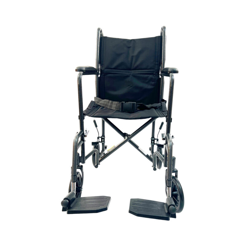 Light Weight Transporter Wheelchair with fixed full-length arms, swing-away detachable foot rests, adjustable toggle wheel locks, Weight limit: 220 lbs